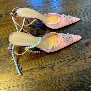 Mach & Mach pink mini bow embellished lace ankle pump shoes